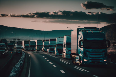 Trucks on the road in Norway. Toned image.の素材