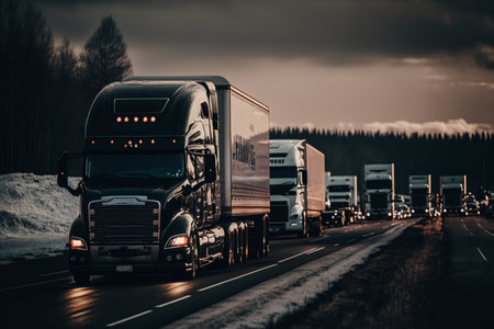 Trucks on the road at night. Concept of freight transportation.の素材