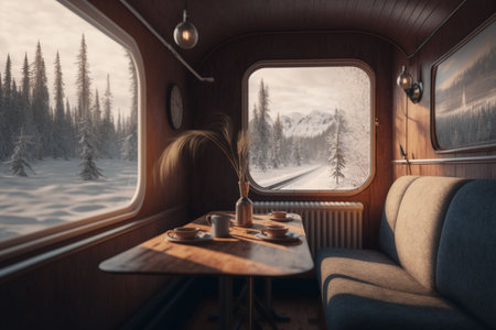 Interior of a train in the mountains. 3d rendering.の素材