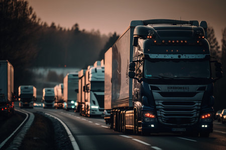 Trucks on the road at dusk. Concept of heavy industry.の素材