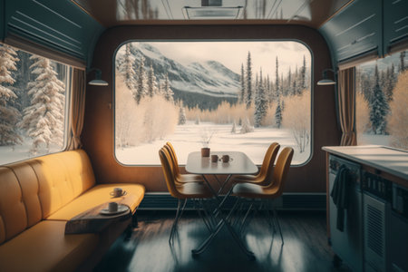 Interior of a train cabin with a view of the mountains.の素材