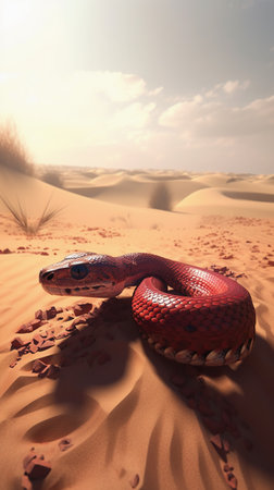 3D rendering of a red snake in the desert under sunset lightの素材
