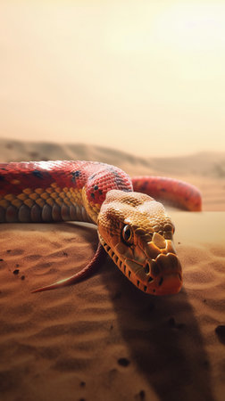 Corn snake in the desert. Close up of venomous snake.の素材