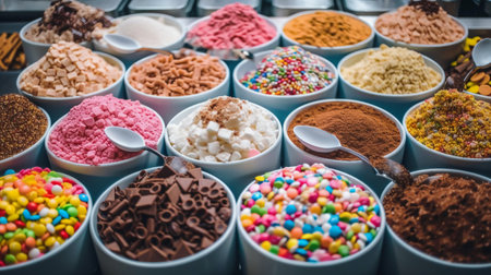 Variety of colorful ice cream in bowl for sale at street food marketの素材