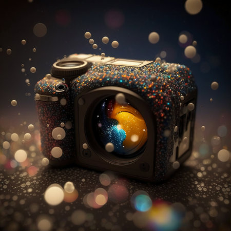 Digital SLR camera with colorful bokeh and snowflakesの素材