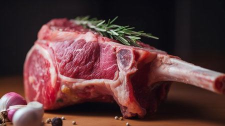 Raw lamb chops with rosemary, garlic and pepper on wooden tableの素材