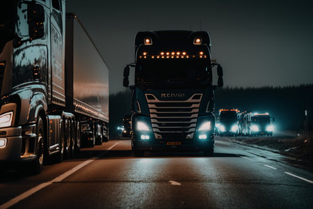 Truck on the road at night. Freight transportation and logistics.の素材