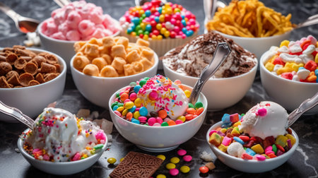 Variety of colorful ice cream scoops in bowls on dark backgroundの素材