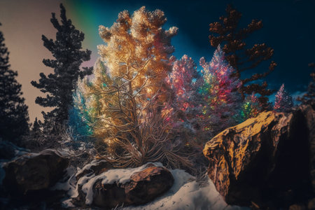 Fantasy forest in winter. Colorful fantasy forest in winter.の素材