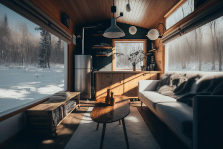 Interior of the living room in a wooden house in winter.の素材