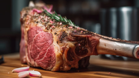 Raw tomahawk rib eye steak with spices and herbs on a cutting boardの素材