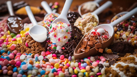 Chocolate sweets with colorful sprinkles in spoons on wooden backgroundの素材
