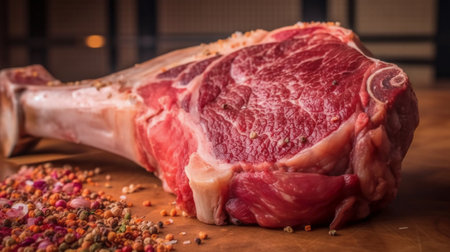 Raw rib eye steak with spices on a wooden cutting board. Selective focusの素材