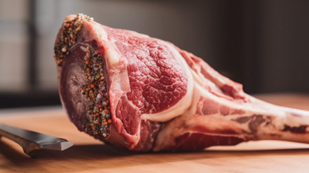 Raw lamb chop on a cutting board with spices and a knife.の素材