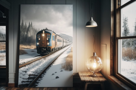 Train on the railway through the window in the winter. 3d renderingの素材
