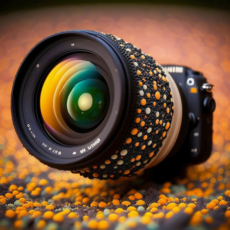 Close-up of a camera lens on the background of lentilsの素材