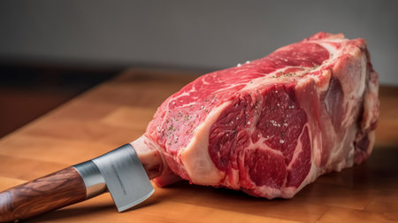 Raw T-bone steak on a cutting board with a meat knifeの素材