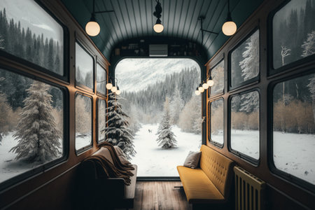 Interior of a train with a view from the window to the winter forestの素材