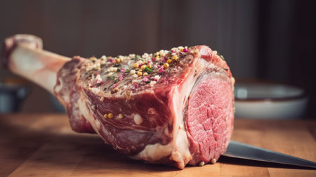 Raw tomahawk steak on a cutting board with knife and spicesの素材