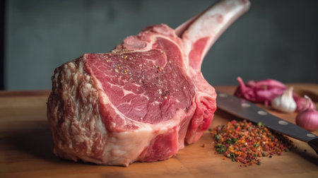 Raw lamb chops on a cutting board with spices and meat knife.の素材