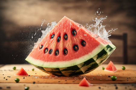 Watermelon with splashes and drops of water on a wooden backgroundの素材
