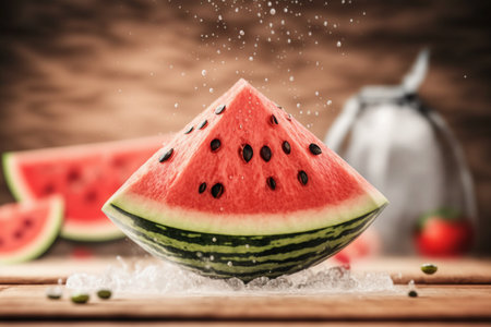 Watermelon slice with splashes of water on a wooden table.の素材