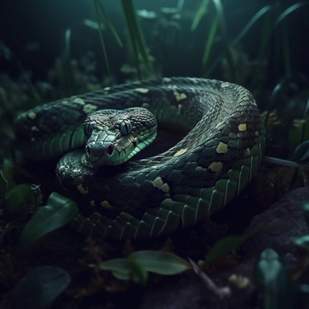 Close-up of a snake in the grass. Snake in the forest.の素材