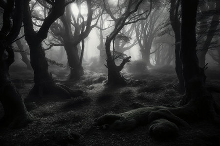 Mystical dark forest with fog in the morning. Halloween conceptの素材