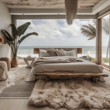 Interior of luxury bedroom with sea view, carpet and wooden bedの素材
