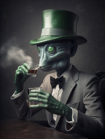 Vintage portrait of an old man in a green suit and a top hat smoking a cigarの素材