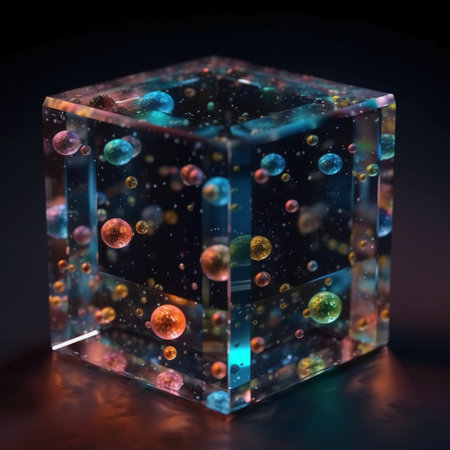 3D illustration of a cube with colorful abstract lights on a black backgroundの素材