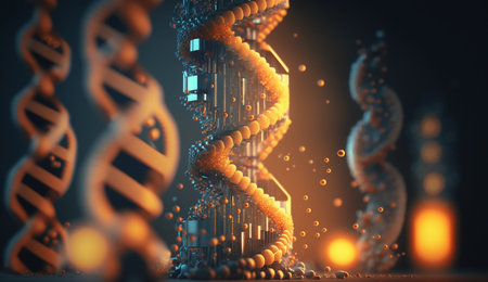DNA molecule. Science background. 3d rendering toned image double exposureの素材