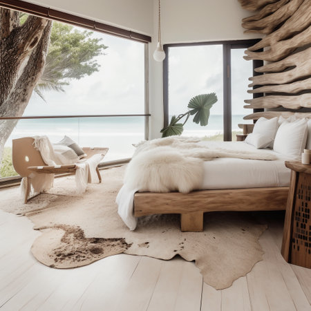 Luxury bedroom with white walls, wooden floor, sea view and big bed with pillows. 3d renderingの素材