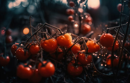 Red cherry tomatoes on a branch in the forest. Toned.の素材