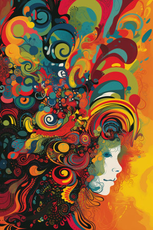 Beautiful woman face with abstract colorful hair design. Vector illustration.の素材