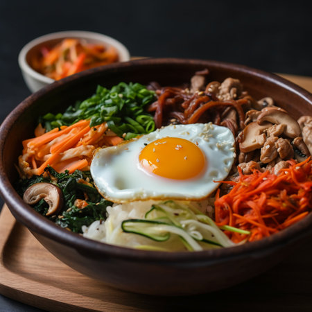 Bibimbap - japanese rice bowl with pork and eggの素材
