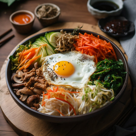 Bibimbap, Korean style noodle with pork and eggの素材