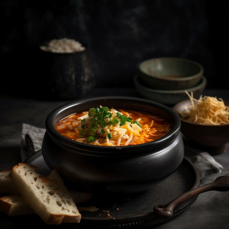 Bowl of spicy soup with noodles and vegetables on a dark backgroundの素材