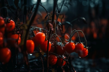 Frozen cherry tomatoes on a branch in the forest at night.の素材