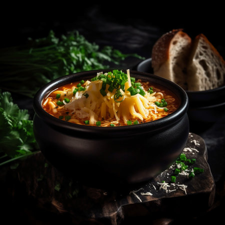 Bowl of soup with noodles, cheese and herbs on dark backgroundの素材