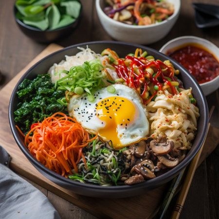 Bibimbap, Korean food style, with fried egg and vegetablesの素材
