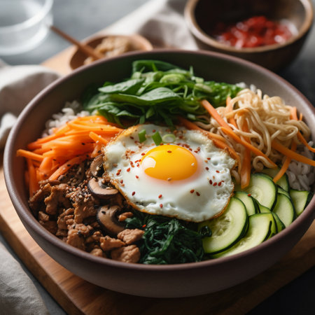 Bowl of tasty bibimbap with fried egg and vegetablesの素材