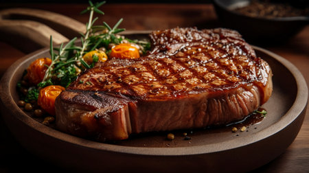 Grilled T-bone steak with vegetables and spices on wooden backgroundの素材