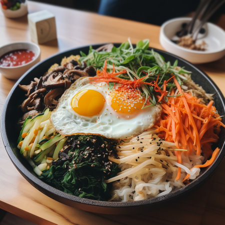 Bibimbap japanese food with fried egg and vegetablesの素材