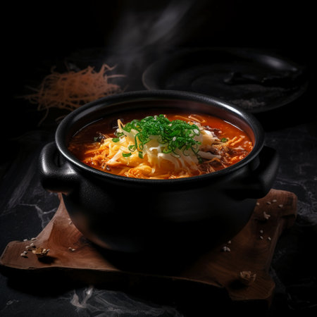 Japanese miso soup with noodles and vegetables in pot on dark backgroundの素材