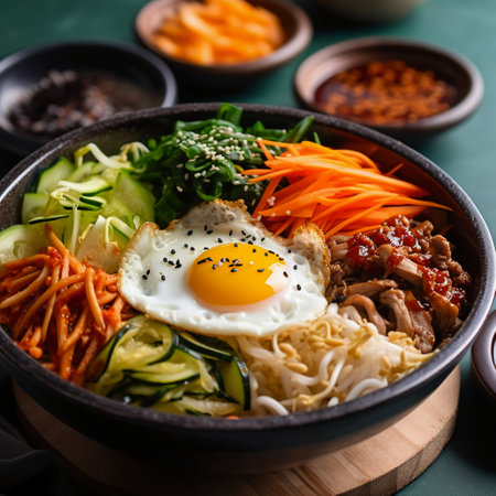 Bibimbap - Korean spicy noodles with beef, vegetables and fried eggの素材