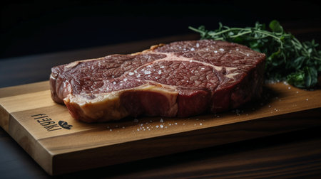 Raw T-bone steak on wooden cutting board with salt and herbsの素材