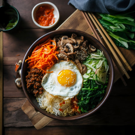 Bibimbap - Korean spicy noodle soup with beef and eggの素材