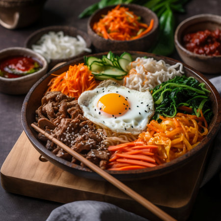 Bibimbap with rice, vegetables and fried egg in wooden bowlの素材