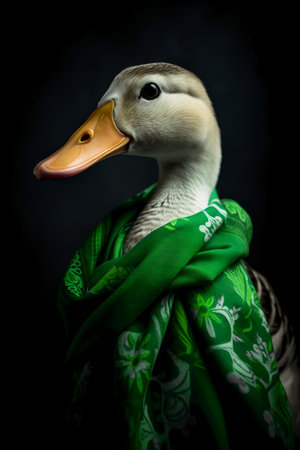 Portrait of a duck in a green scarf on a black backgroundの素材